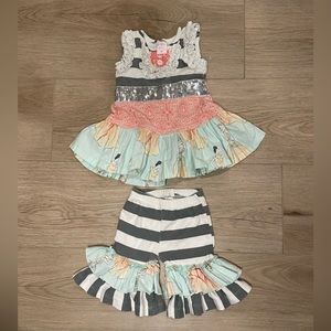 Giggle Moon matching set—grey and blue with sequin waistband. Size 9M.